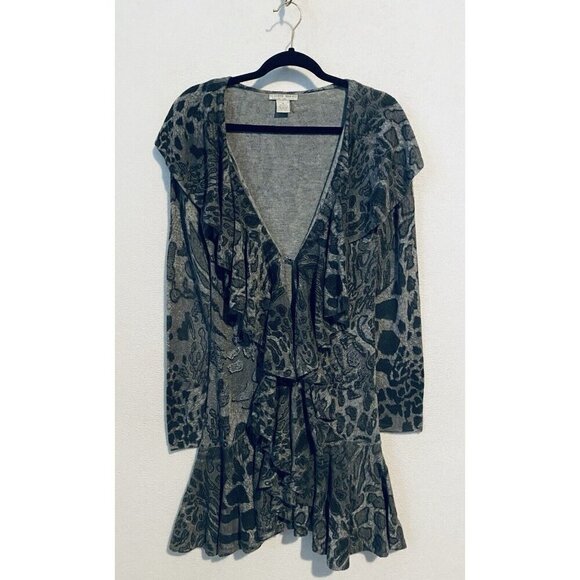 Alberto Makali Cardigan Sweater Womens Medium Gray Animal Print Ruffle Wool Boho - Picture 1 of 7